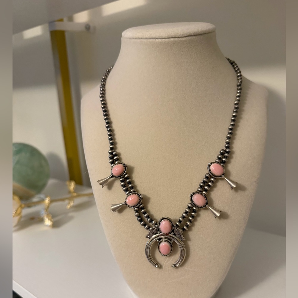 Pink Conch & Sterling Silver Squash Blossom Western Necklace